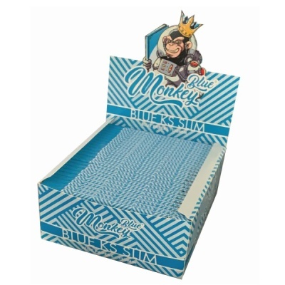 expositor de cartão azul e branco com ilustração de macaco astronauta, texto Blue Monkey