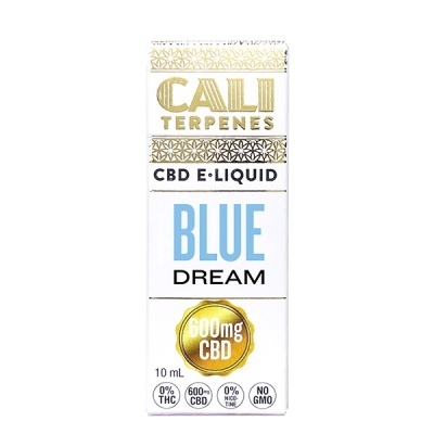 Embalagem branca de e-liquid CBD Blue Dream com texto em dourado e azul