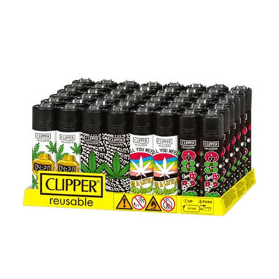 Tabuleiro com isqueiros Clipper reutilizáveis de diferentes padrões com base amarela