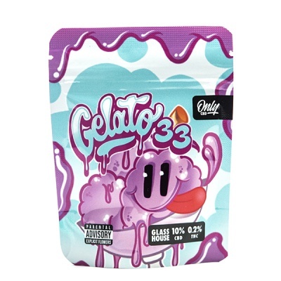 Embalagem colorida Gelato 33 para produto CBD com personagem roxo