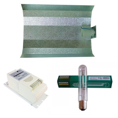 Kit de iluminação horticultura com refletor metálico prateado, balastro branco e lâmpada Sylvania em caixa verde
