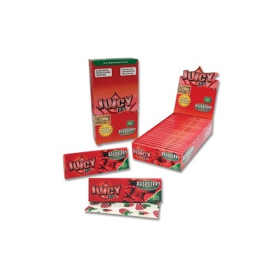 Folhas para enrolar Juicy Jay's sabor framboesa em embalagens vermelhas com framboesas