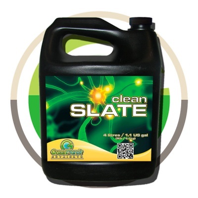 Frasco preto com rótulo verde e amarelo clean SLATE