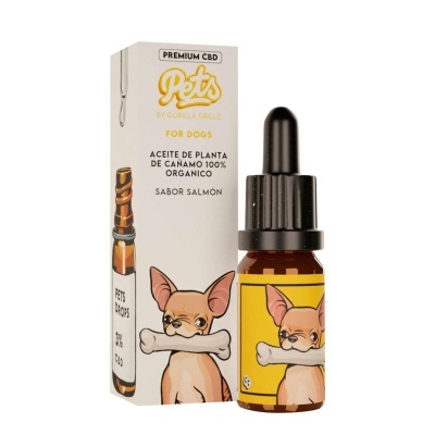 Frasco conta-gotas com rótulo amarelo e embalagem branca com ilustração de cão e texto do produto CBD para cães.