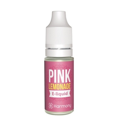 frasco de e-liquid rosa com tampa branca e texto Pink Lemonade E-liquid Harmony