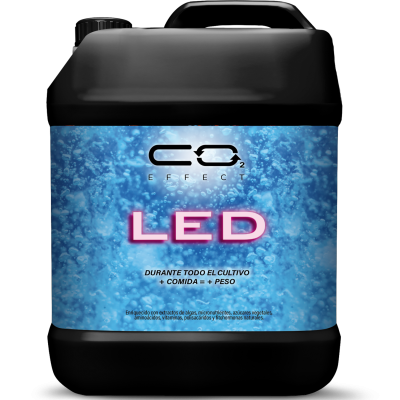 Frasco preto com etiqueta azul e texto CO2 EFFECT LED
