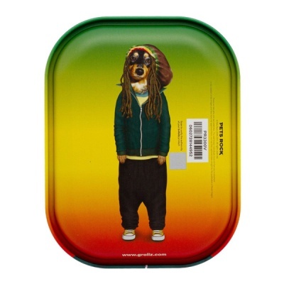 Tabuleiro metálico com ilustração de cão vestido de reggae em fundo degradê verde, amarelo e laranja