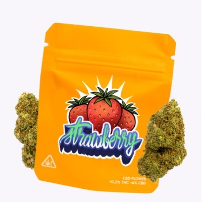 embalagem laranja com ilustração de morangos e texto CBD FLOWER