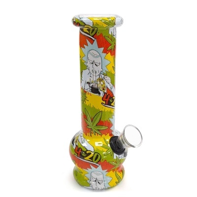 Bong de vidro colorido com folhas de cannabis e personagens de desenho animado