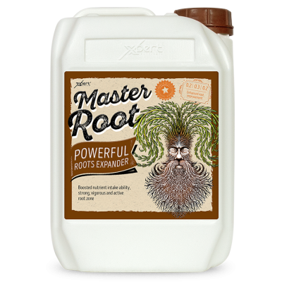Frasco branco com rótulo Master Root expansor de raízes, ilustração de raiz com rosto humano.