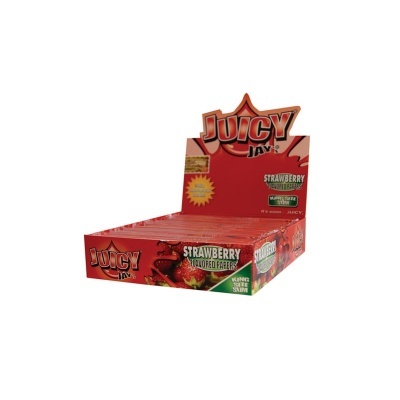 Caixa de papel de enrolar Juicy Jay's sabor morango com design vermelho e morangos