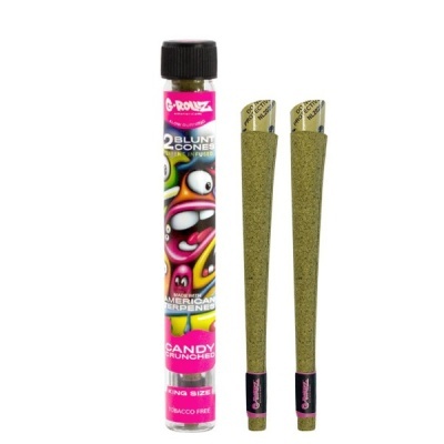 Dois blunt cones infusionados e tubo plástico com tampa preta e ilustração colorida.