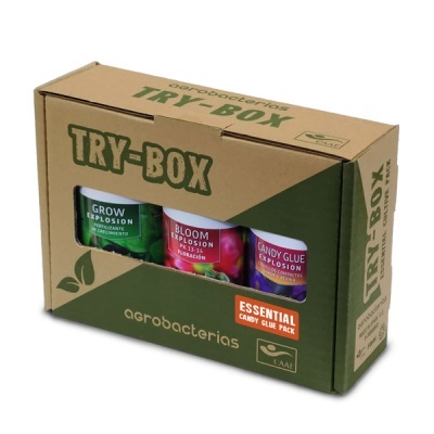 Caixa de embalagem TRY-BOX com três frascos de produtos agrícolas