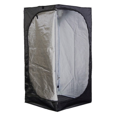 Tenda de cultivo interior preta com interior prateado e abertura zíper oval