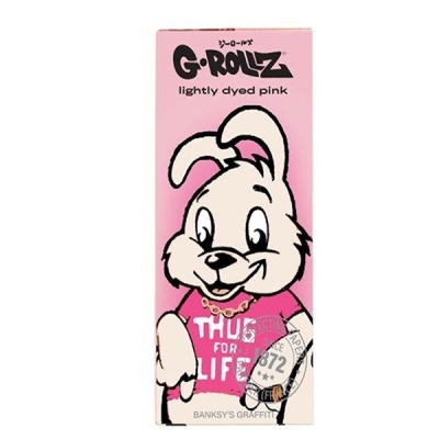 Embalagem rosa com ilustração de coelho e texto G-ROLLZ lightly dyed pink.