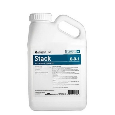 Recipiente branco para produto Stack Root & Bloom Enhancer com rótulo azul e branco