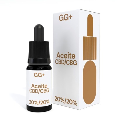 Frasco de óleo CBD/CBG com caixa branca e texto GG+, Aceite CBD/CBG, 20%/20%