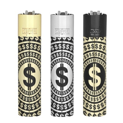 Três isqueiros Clipper com símbolos de dólar em dourado, prateado e preto.