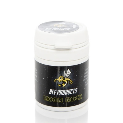 Pote branco com rótulo preto BEE PRODUCTS MOON ROCK e ilustração de abelha