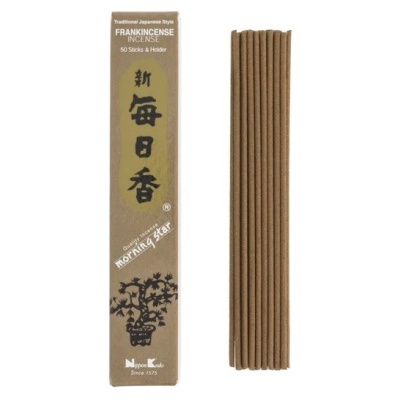 Incenso Tradicional Japonês Frankincense com varas castanhas e embalagem castanha com texto.