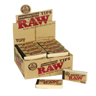 Caixa de exposição com embalagens de RAW Perforated Tips Wide Tips em cartão castanho.