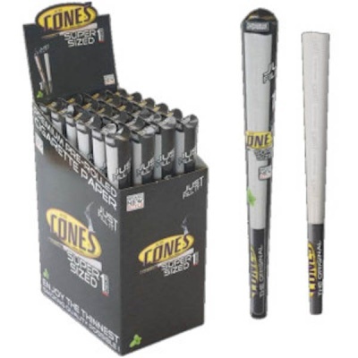 Cones super sized para enrolar tabaco em caixa preta com texto amarelo e branco