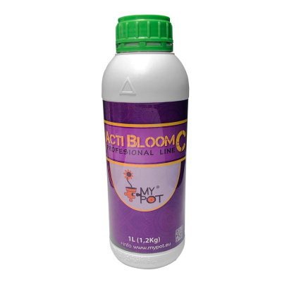 Frasco branco com tampa verde e rótulo roxo Acti Bloom C My Pot