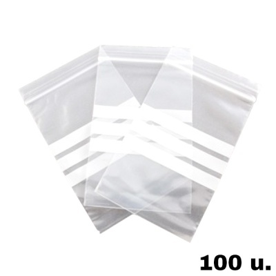 Conjunto de 100 sacos plásticos transparentes com fecho zip e faixas brancas