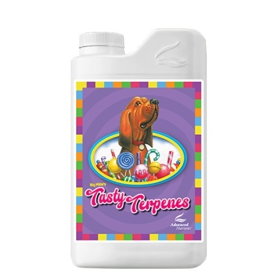 Frasco plástico branco com rótulo colorido com cão e doces e texto Tasty Terpenes