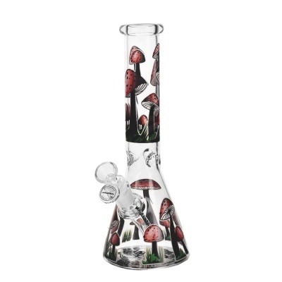 Bong de vidro transparente com estampas de cogumelos vermelhos e caules pretos.