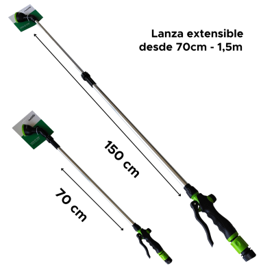 Lança de rega extensível prateada com punho preto e verde e cabeça preta e verde