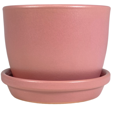 Vaso rosa claro com suporte de barro
