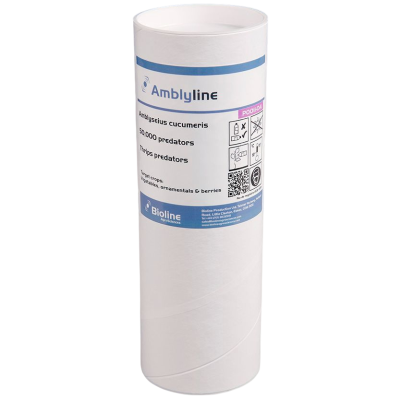 Embalagem cilíndrica branca do produto Amblyline com etiqueta azul e branca