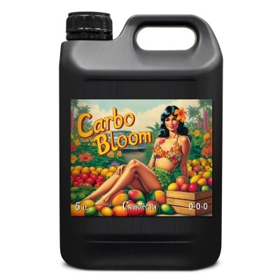 Frasco preto com etiqueta colorida Carbo Bloom e ilustração de mulher e frutas