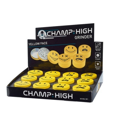 Moedores redondos amarelos com expressões faciais em display preto CHAMP:HIGH