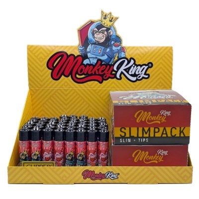 Expositor amarelo com isqueiros Monkey King e caixas Slimpack