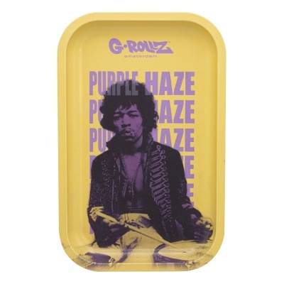 Tabuleiro amarelo com imagem roxa de homem e texto PURPLE HAZE