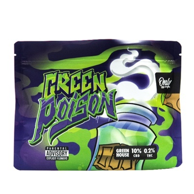 Embalagem colorida Green Poison com texto e selo parental advisory