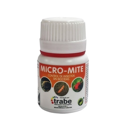 Frasco pequeno de plástico branco com rótulo laranja MICR-MITE para controlo de insetos