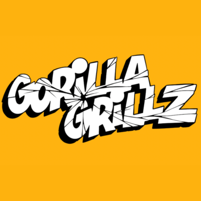 Texto grafiti 'GORILLA GRILLZ' branco e preto sobre fundo amarelo