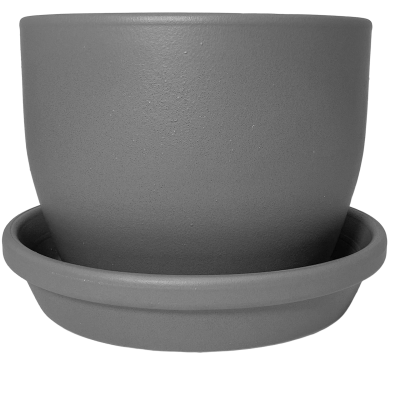 Dois vasos de cerâmica cinza empilhados com textura porosa.