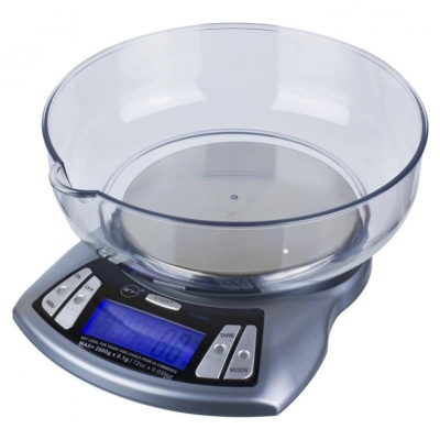 Balança digital de cozinha com recipiente plástico transparente