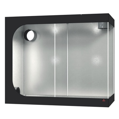 Gabinete de cultivo interno preto com paredes brancas refletoras e iluminação embutida