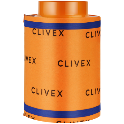 Recipiente cilíndrico laranja com logotipo CLIVEX e faixas azuis.