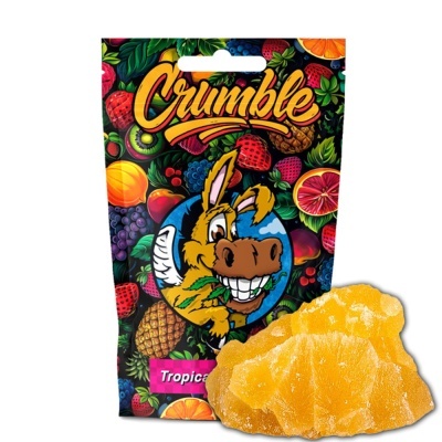 Embalagem colorida Crumble com desenho burro e frutas cristalizadas amarelas