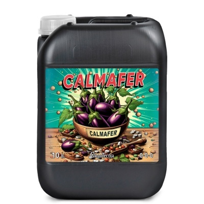 Recipiente plástico preto com rótulo de produto CALMAFER com beringelas