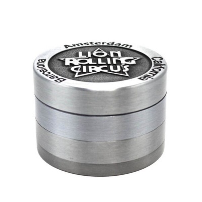 Moinho de metal prateado Lion Rolling Circus com texto na tampa