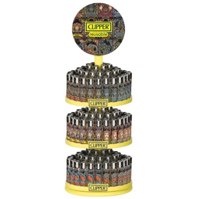 Expositor amarelo com isqueiros Clipper reutilizáveis com designs de signos do zodíaco.