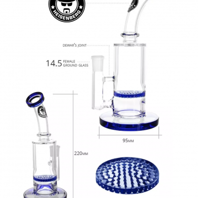 Bong de vidro transparente com detalhes azuis e base redonda, mostrado com medidas e características técnicas.