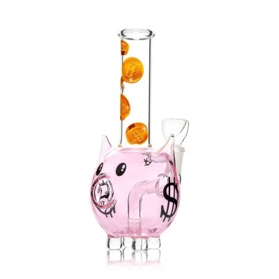 Bong de vidro rosa forma de porquinho com moedas douradas desenhadas